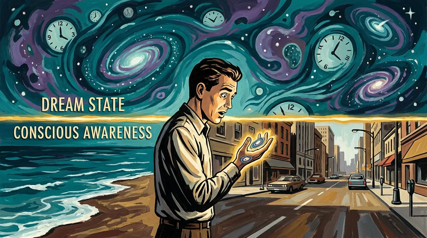 An illustration of a person standing between a surreal galaxy-ocean and a normal city, looking at their hand in realization.