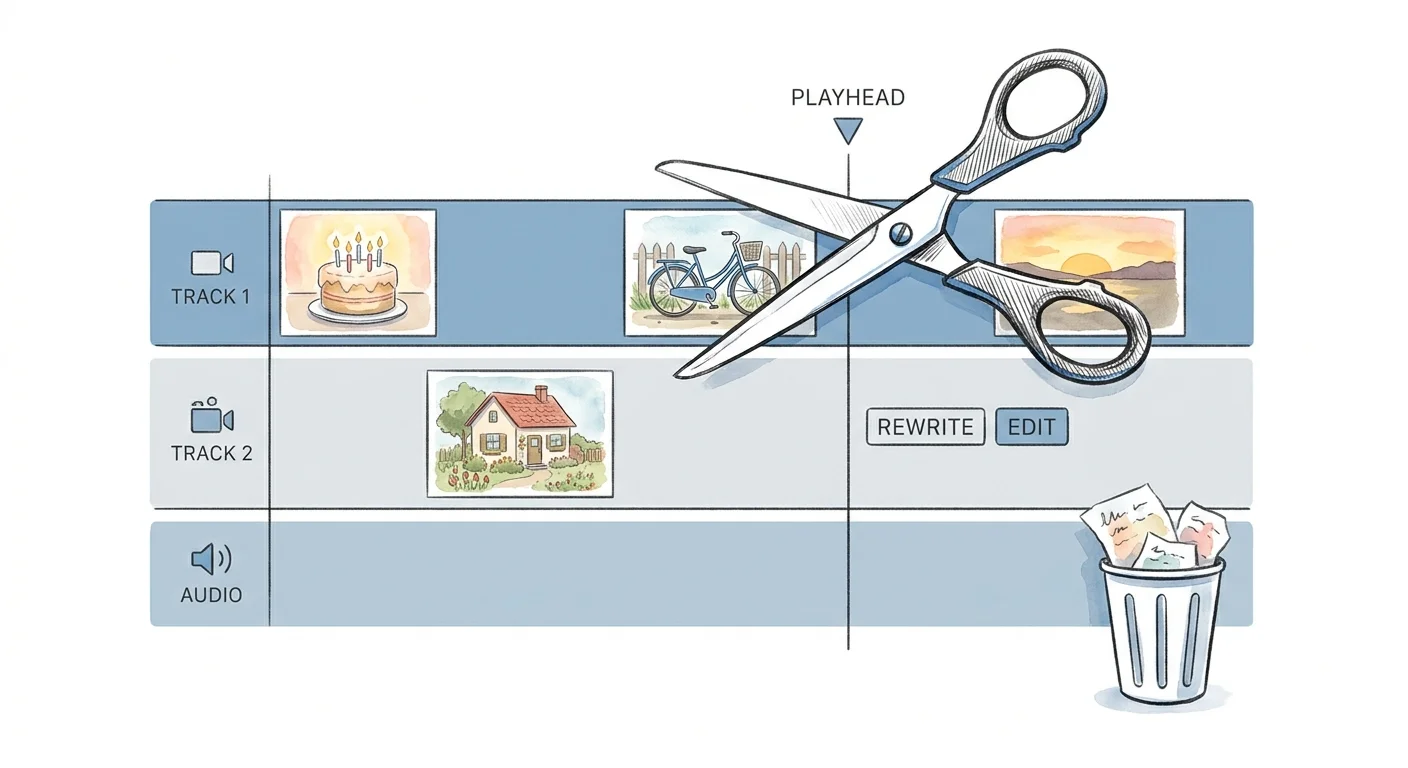 An illustration of a video editing timeline where the clips are various life memories being cut and rearranged.