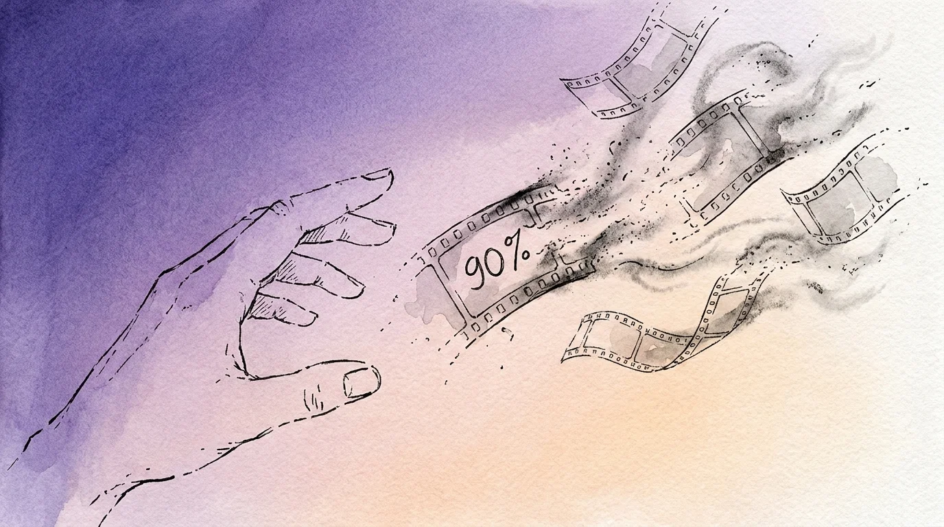 An illustration of dream-filled film strips dissolving into dust, with the number 90 percent visible as it fades.