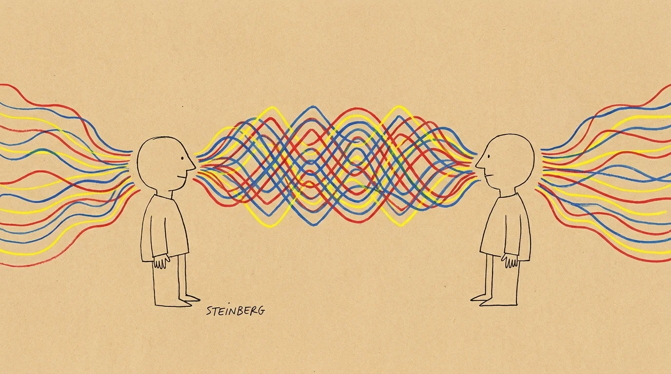 An illustration of two people talking with their brain waves overlapping and syncing in the middle.