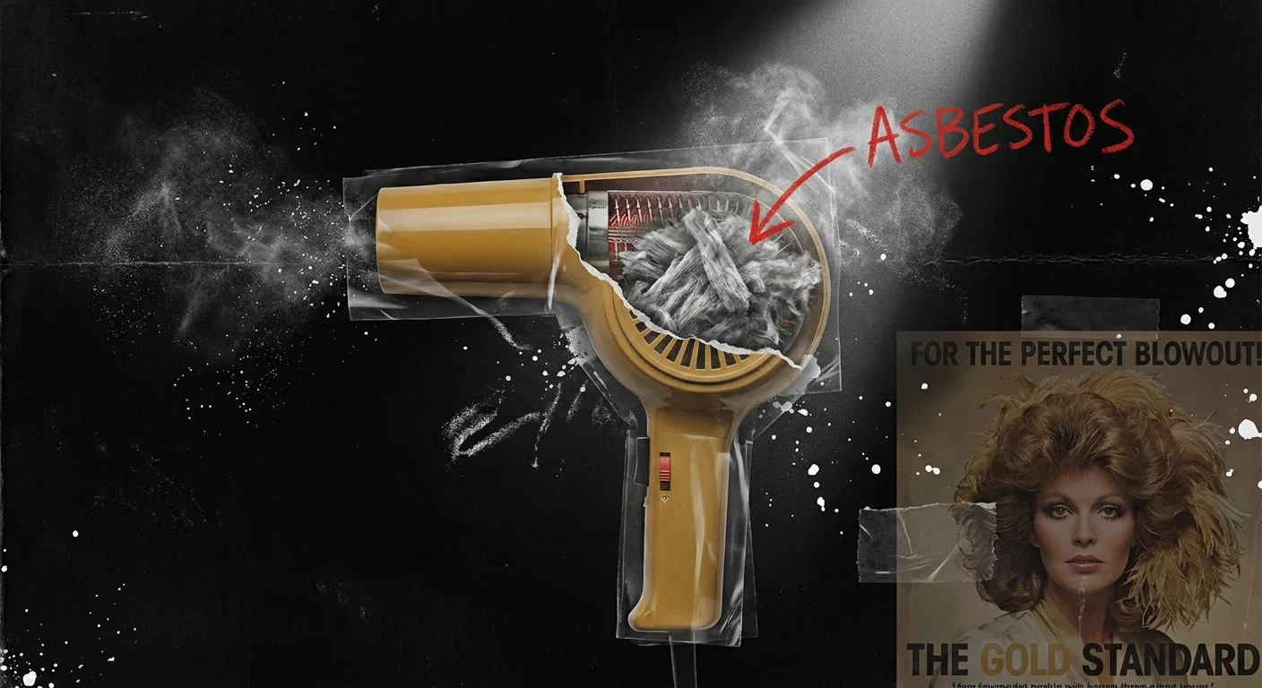 An illustration showing the internal asbestos lining of a vintage 1970s hair dryer through a 'torn' view.