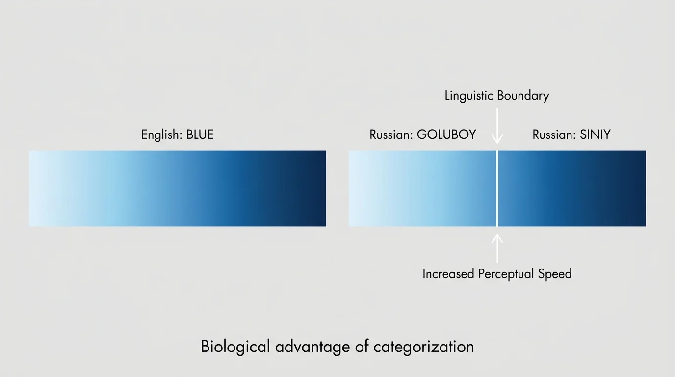 An infographic comparing the English word 'Blue' to the Russian words 'Siniy' and 'Goluboy' across a color spectrum.