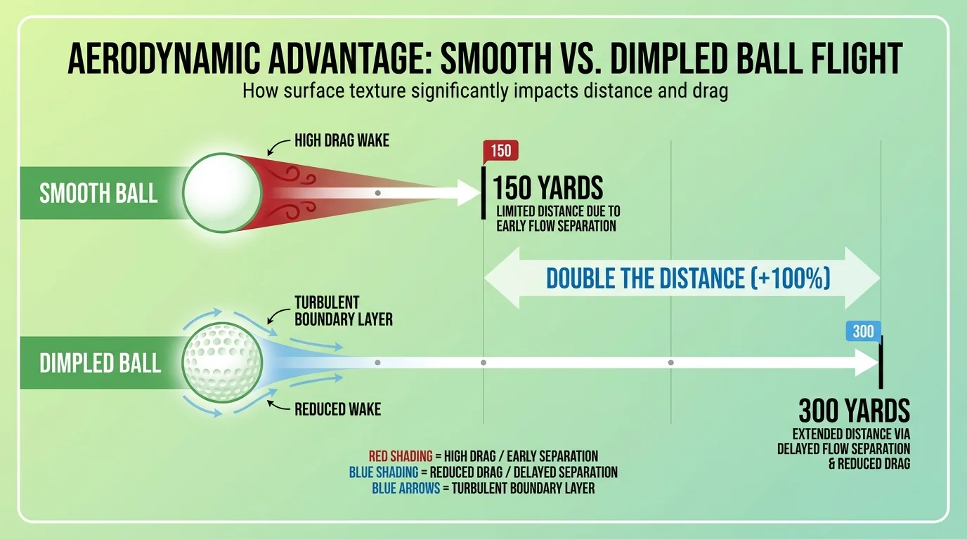 An infographic comparing the flight distance and air drag of a smooth ball versus a dimpled golf ball.