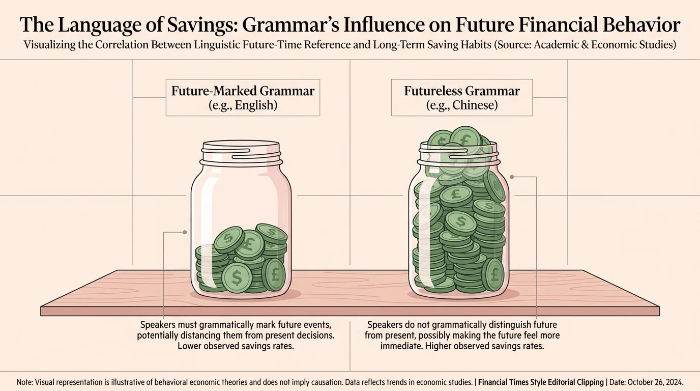 An infographic showing two jars of coins, comparing the savings habits of speakers with futureless versus future-marked grammar.