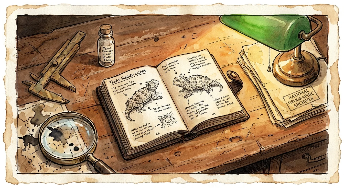 An ink and watercolor illustration of a researcher's desk with a field journal, magnifying glass, and scientific specimens.