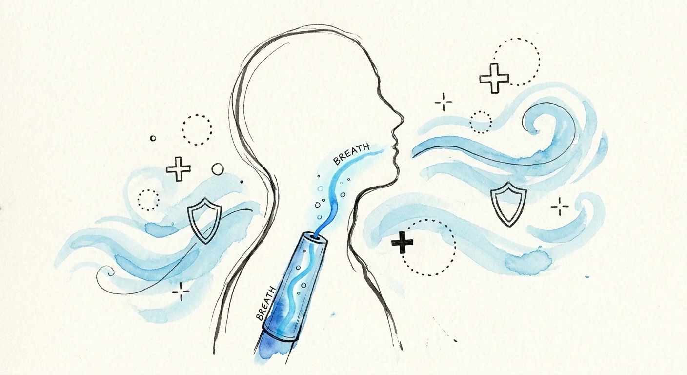 An ink and watercolor illustration showing a pen cap hole allowing air to flow through a human airway.