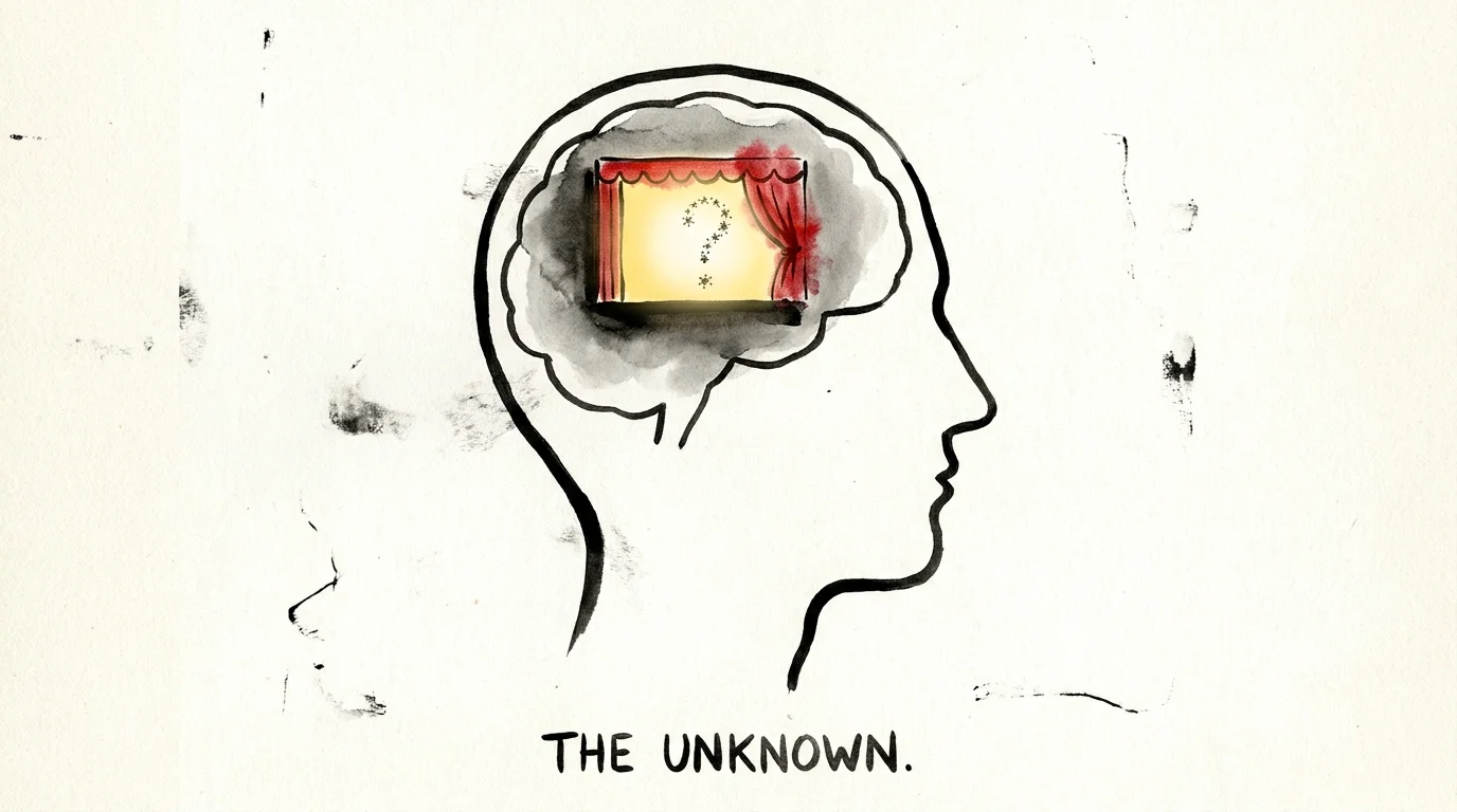 An ink drawing of a head containing a tiny theater stage with a question mark inside, symbolizing the mystery of dreaming.