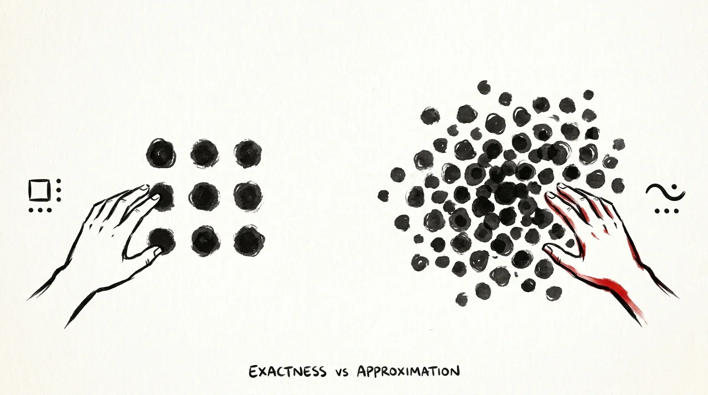 An ink sketch comparing seeds arranged in a grid versus seeds scattered in a random, numberless cluster.