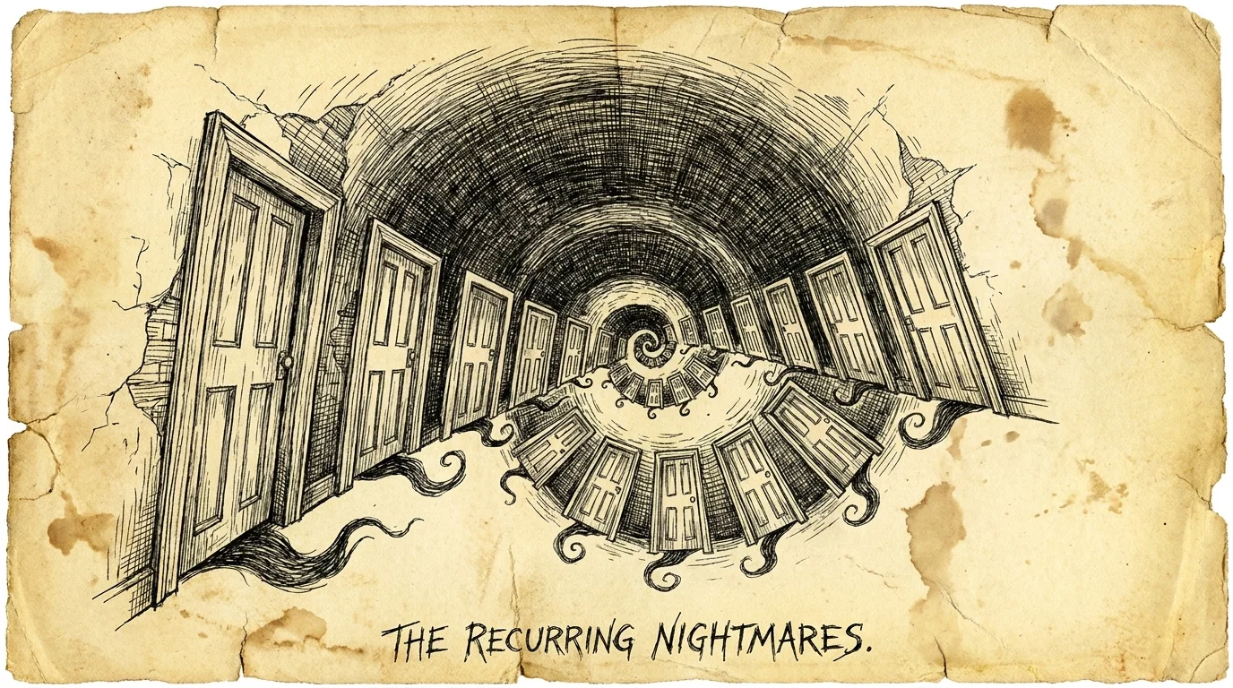 An ink sketch of a spiral of identical doors with shadows creeping out, symbolizing recurring nightmares.