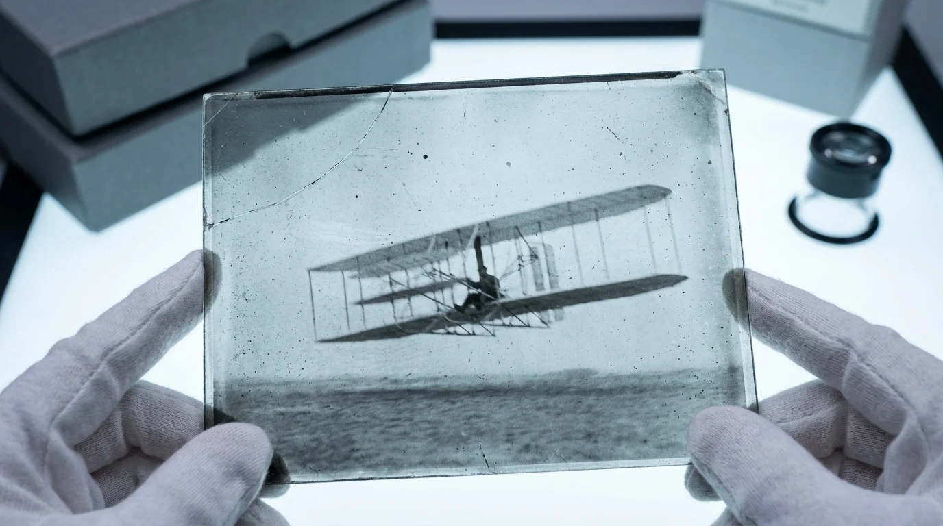 Archival gloved hands hold a cracked glass plate negative of the 1903 Wright Flyer's first flight over a light table.