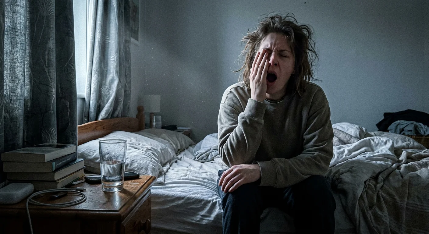 Candid photo of a person sitting on a rumpled bed in the morning light, rubbing their eyes.