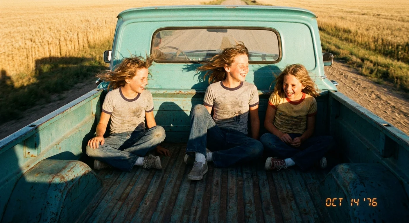 Children sitting in the back of a moving 1970s pickup truck on a sunny day, with no safety restraints.