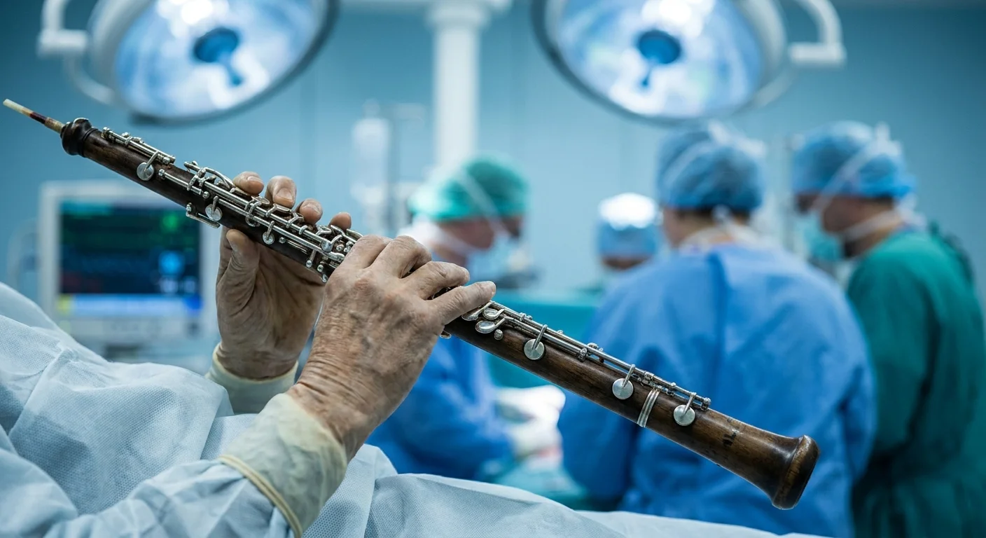 Close-up of a person's hands playing a woodwind instrument in a clinical setting with surgical scrubs in the background.