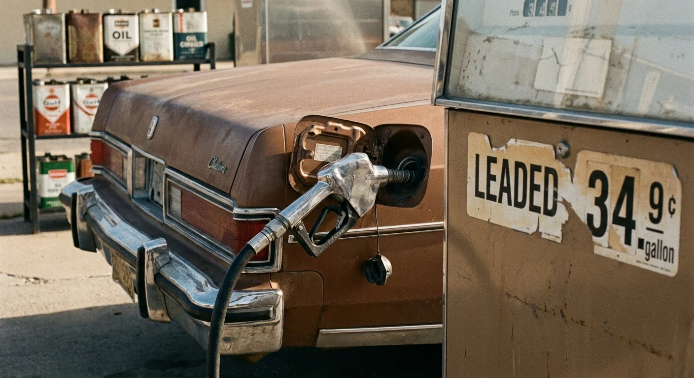 Close-up of a vintage gas pump with a 'LEADED' label, fueling a brown 1970s car.