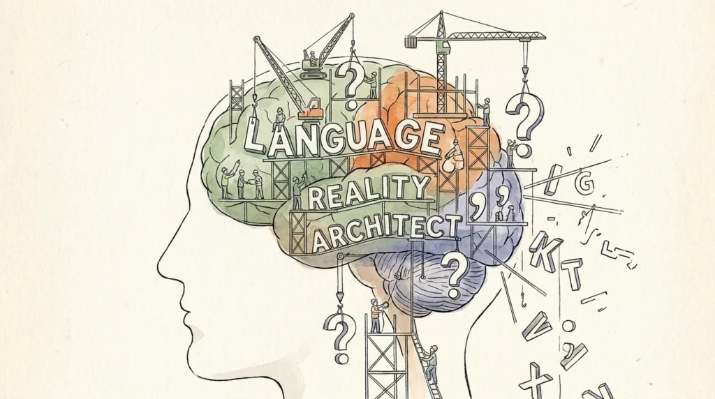 Illustration of a human head where words and letters are being built into a structural brain by tiny workers.
