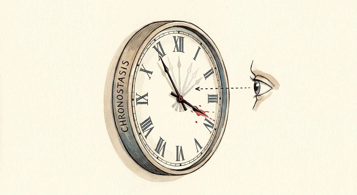 Illustration of a wall clock with a frozen second hand and a dotted line showing eye movement.