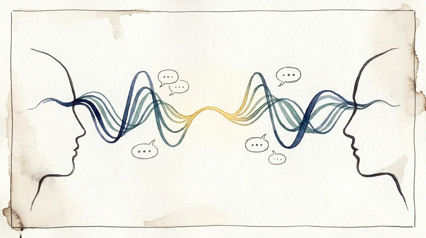 Illustration of two profiles with wavy lines between them that synchronize into a single golden wave in the middle.